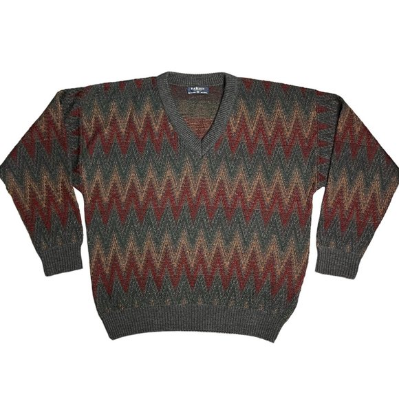 Vintage Other - Vintage 90s Dad Grandpa Chevron Sweater V-Neck Orange Red Green Van Heusen XL